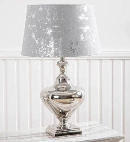 Nickel Chrome Plated Metal Lamp Base with Velvet Drum-shaped Silver Shade Table Lamp House of Fleur