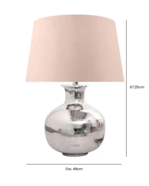 Nickel Plated Round Lamp Base with Velvet Pink Fabric Drum-shaped Shade Table Lamp House of Fleur