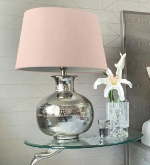 Nickel Plated Round Lamp Base with Velvet Pink Fabric Drum-shaped Shade Table Lamp House of Fleur