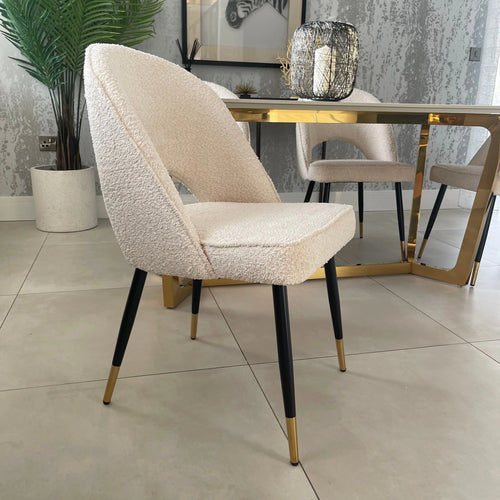 Olivia 1.8m Gold Dining Table and  4 Boucle Chairs Set 'Scan QR Code To Apply For 12 Months 0% APR Finance House of Fleur