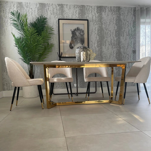 Olivia 1.8m Gold Dining Table and  4 Boucle Chairs Set 'Scan QR Code To Apply For 12 Months 0% APR Finance House of Fleur