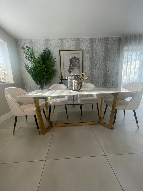 Olivia 1.8m Gold Dining Table and  4 Boucle Chairs Set 'Scan QR Code To Apply For 12 Months 0% APR Finance House of Fleur