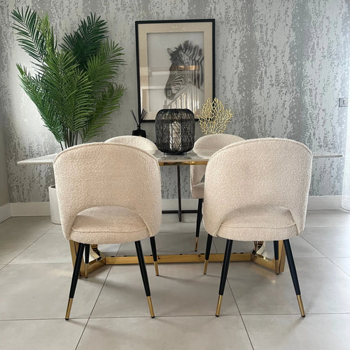 Olivia 1.8m Gold Dining Table and  4 Boucle Chairs Set 'Scan QR Code To Apply For 12 Months 0% APR Finance House of Fleur