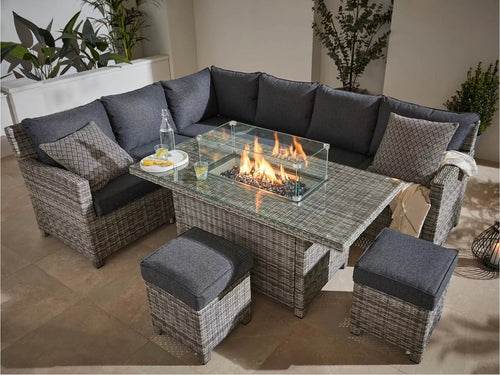 Oxford Rattan Corner Sofa Set Rectangle Fire Pit Table Grey House of Fleur