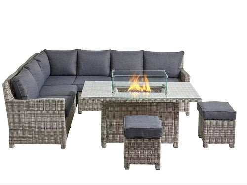 Oxford Rattan Corner Sofa Set Rectangle Fire Pit Table Grey House of Fleur