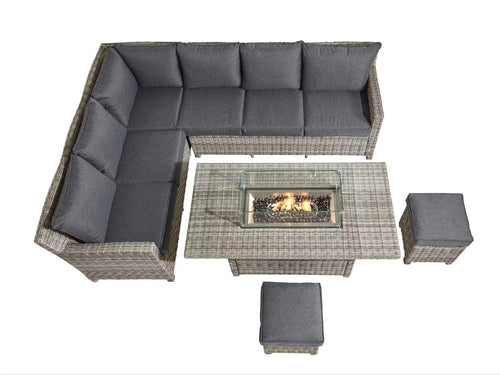 Oxford Rattan Corner Sofa Set Rectangle Fire Pit Table Grey House of Fleur