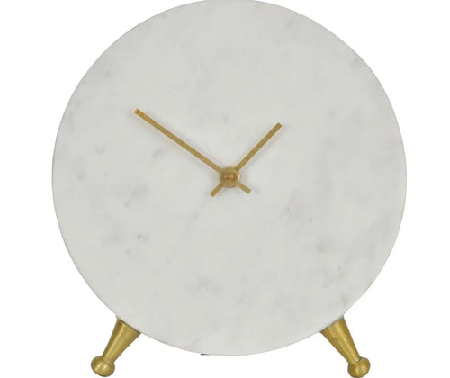 Round White Marble Mantel Clock on Gold Metal Stand House of Fleur