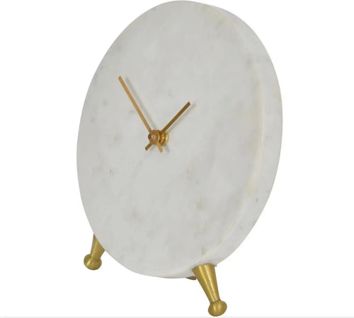 Round White Marble Mantel Clock on Gold Metal Stand House of Fleur