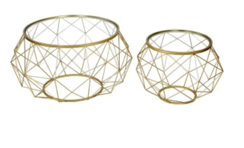 Set of 2 Gold Metal Mesh Coffee Table with Glass Top House of Fleur