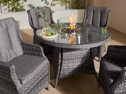 St Tropez Rattan 4 Seat Dining Set with Round Fire Pit Table in Grey House of Fleur