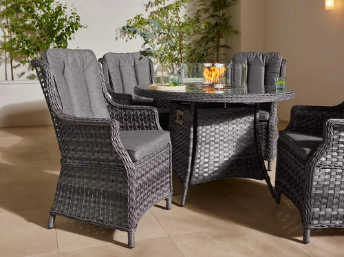 St Tropez Rattan 4 Seat Dining Set with Round Fire Pit Table in Grey House of Fleur