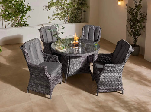 St Tropez Rattan 4 Seat Dining Set with Round Fire Pit Table in Grey House of Fleur