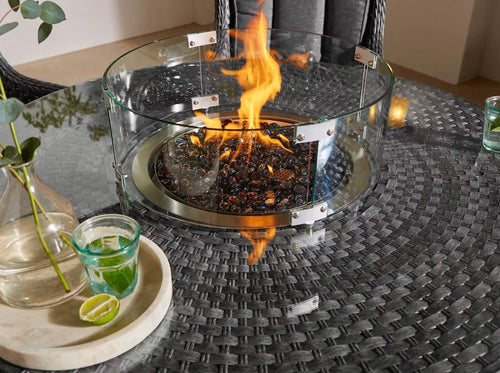 St Tropez Rattan 4 Seat Dining Set with Round Fire Pit Table in Grey House of Fleur