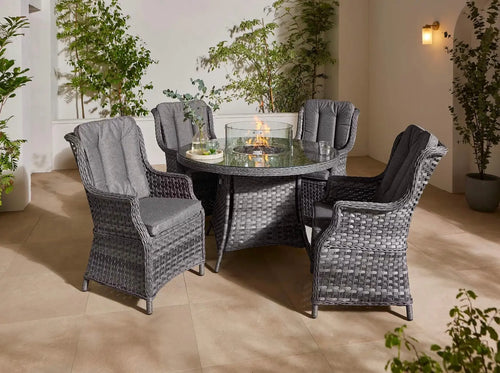 St Tropez Rattan 4 Seat Dining Set with Round Fire Pit Table in Grey House of Fleur