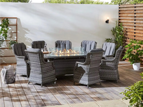 St Tropez Rattan 6 Seat Dining Set with Oval Fire Pit Table in Grey House of Fleur