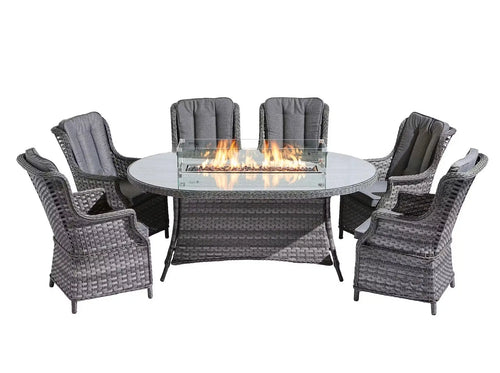 St Tropez Rattan 6 Seat Dining Set with Oval Fire Pit Table in Grey House of Fleur