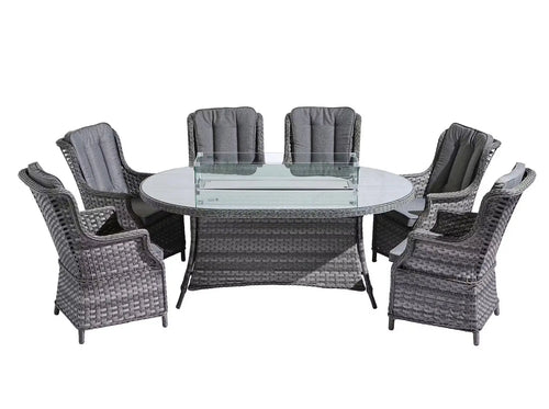 St Tropez Rattan 6 Seat Dining Set with Oval Fire Pit Table in Grey House of Fleur