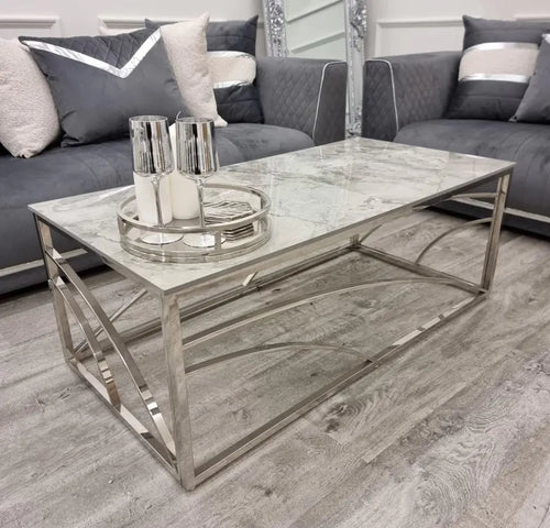 Stella Chrome Coffee Table with Stomach Ash Grey Sintered Top House of Fleur