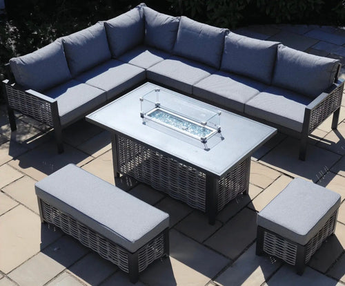 Stockholm Grande Outdoor Rattan and Aluminium Casual Rise and Fall Dining Set House of Fleur