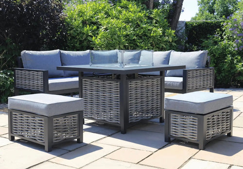 Stockholm Outdoor Rattan and Aluminium Casual Dining Set with Fire Pit Table House of Fleur