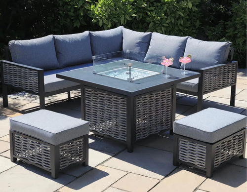 Stockholm Outdoor Rattan and Aluminium Casual Dining Set with Fire Pit Table House of Fleur