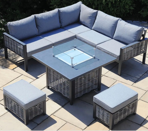 Stockholm Outdoor Rattan and Aluminium Casual Dining Set with Fire Pit Table House of Fleur