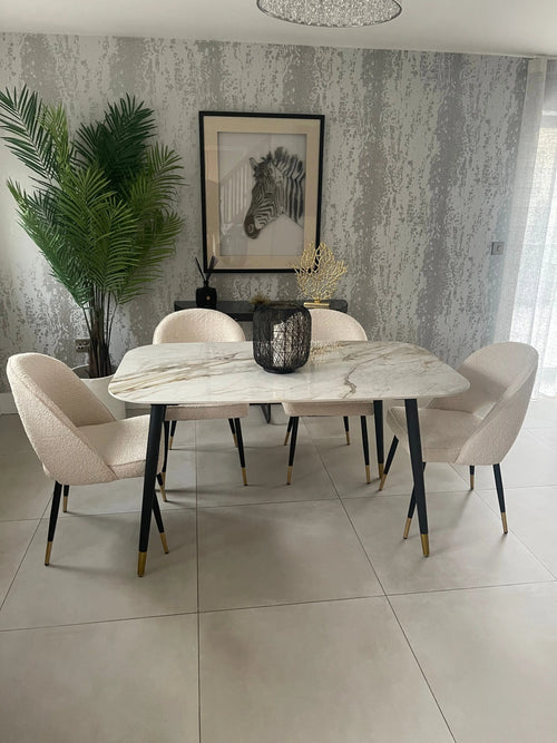 Venice 1.5m Gold Dining Table and Boucle Chairs Set -                     'Scan The QR Code To Apply For 12 Months 0% APR Finance' House of Fleur