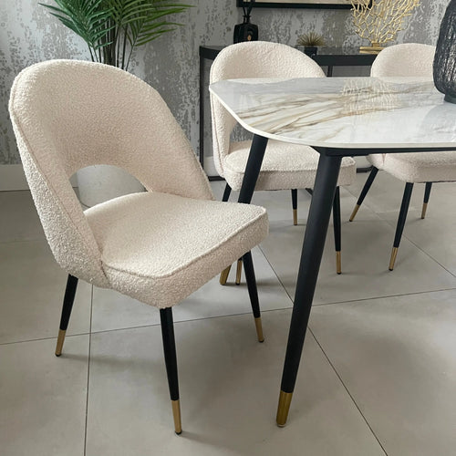 Venice 1.5m Gold Dining Table and Boucle Chairs Set -                     'Scan The QR Code To Apply For 12 Months 0% APR Finance' House of Fleur