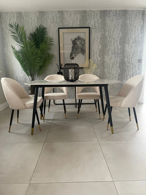 Venice 1.5m Gold Dining Table and Boucle Chairs Set -                     'Scan The QR Code To Apply For 12 Months 0% APR Finance' House of Fleur