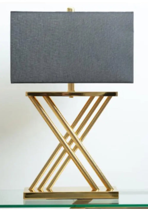 X Gold Table Lamp with Black Linen Shade House of Fleur