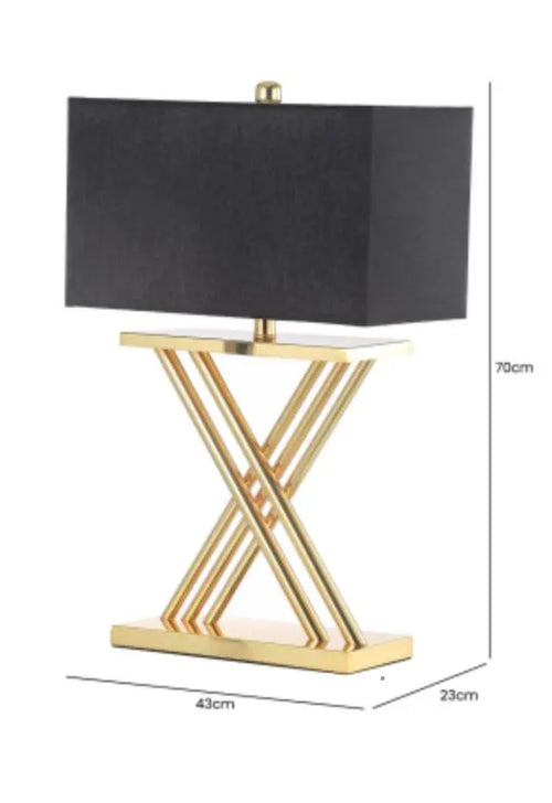 X Gold Table Lamp with Black Linen Shade House of Fleur